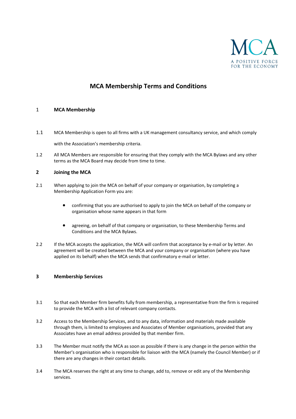 MCA Membership Terms and Conditions