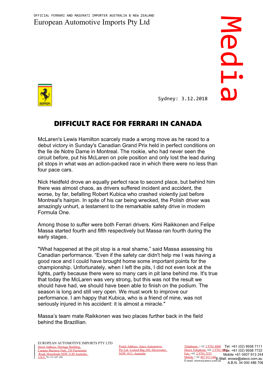 Difficult Race for Ferrari in Canada