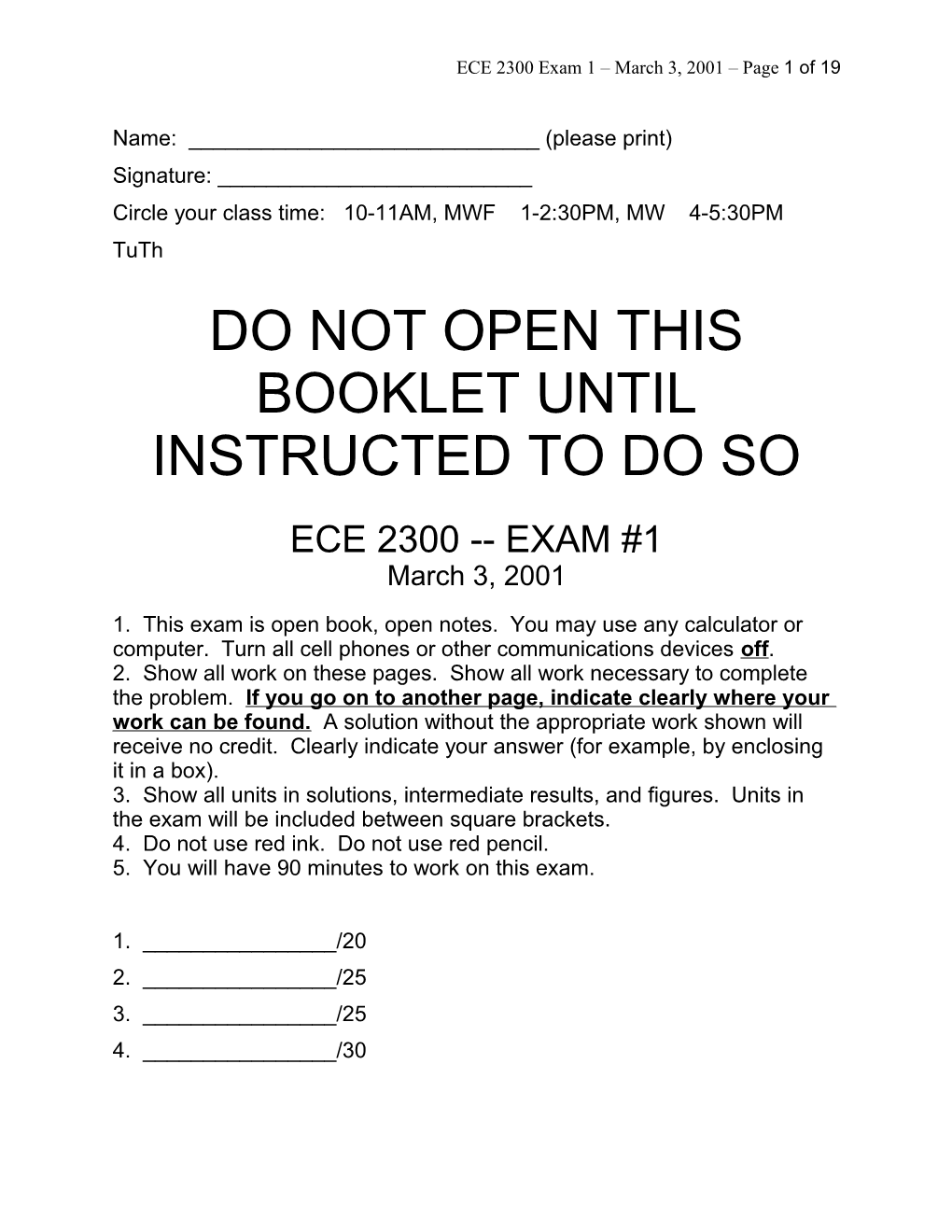 ECE 2300 Exam 1 March 3, 2001 Page 1 of 19