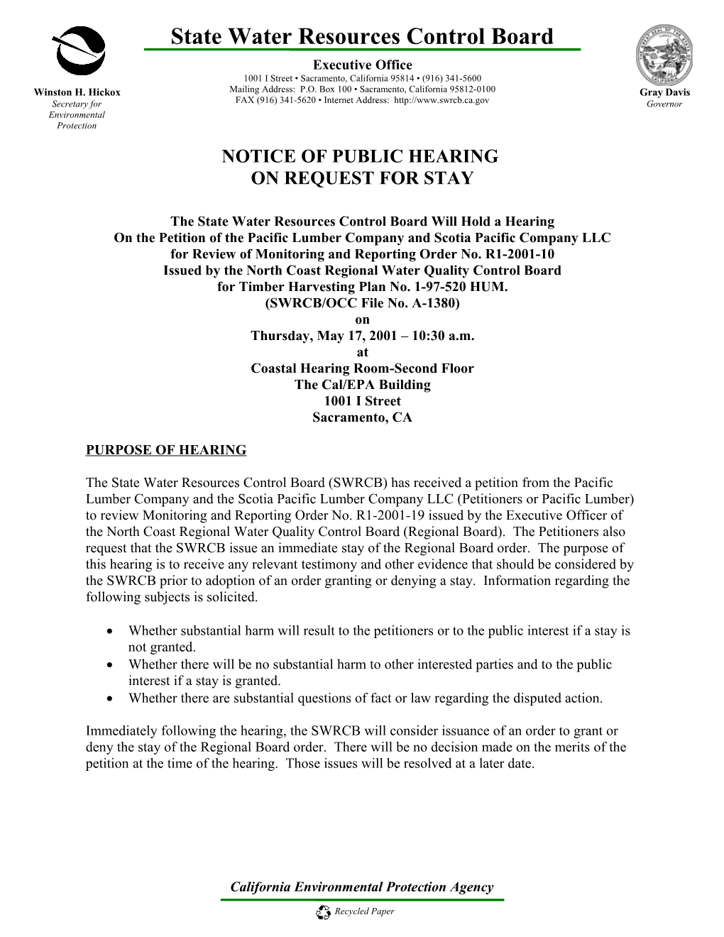 Hearing Notice/Pacific Lumber Co Re Stay Order
