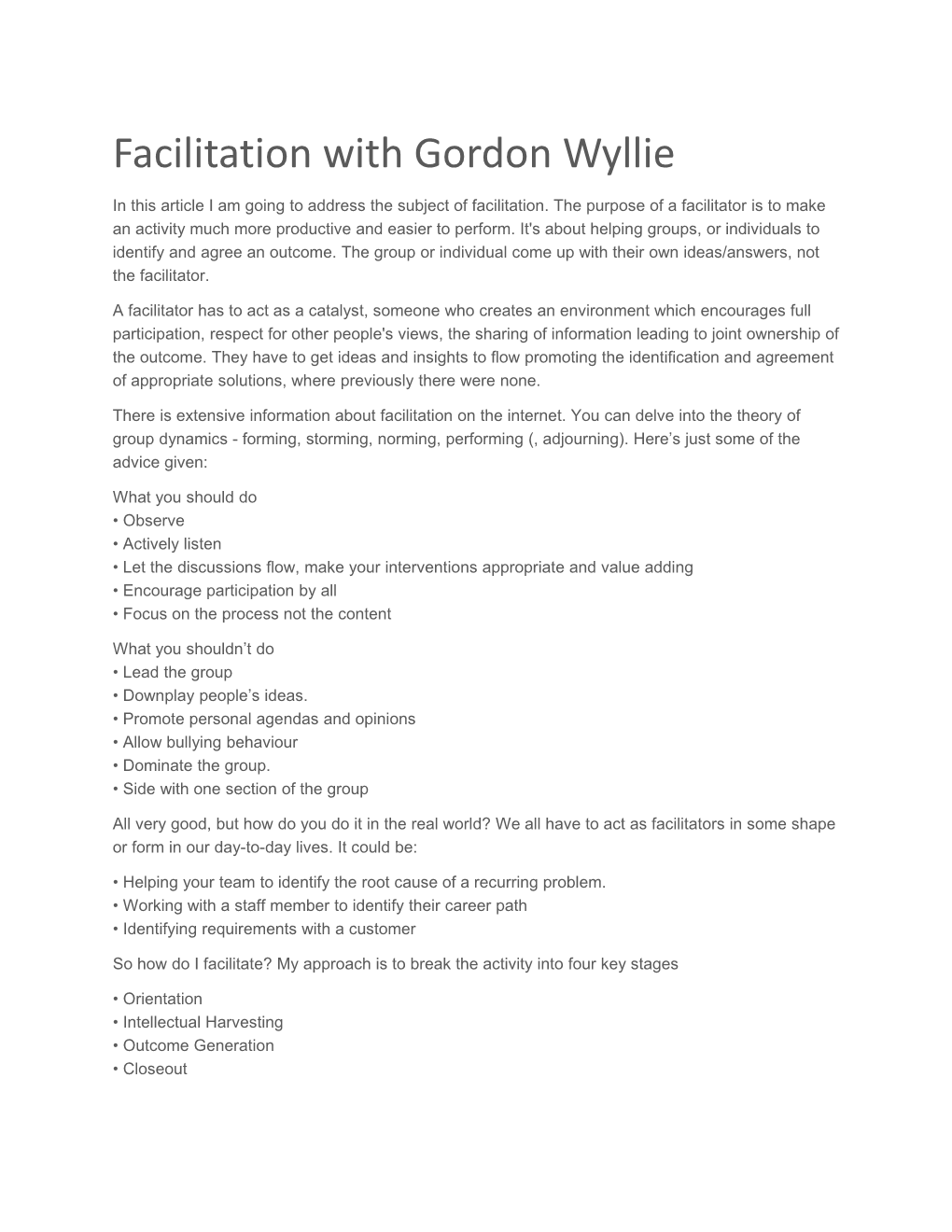 Facilitation with Gordon Wyllie