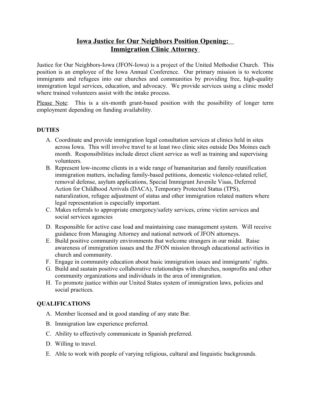 Iowa Justice for Our Neighbors Position Opening