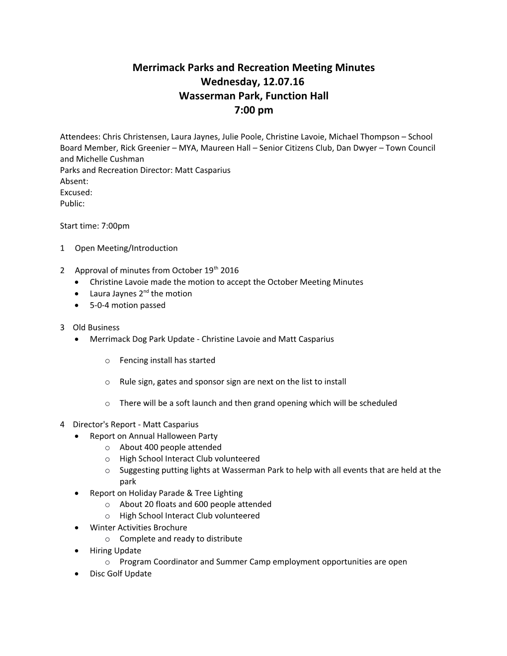 Merrimack Parks and Recreation Meeting Minutes