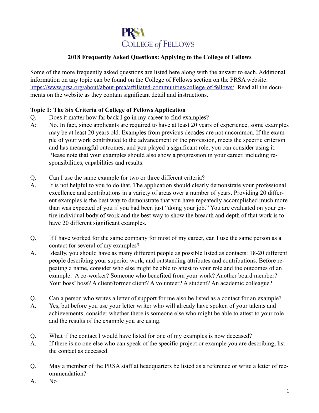 Topic 1: the Six Criteria of College of Fellows Application