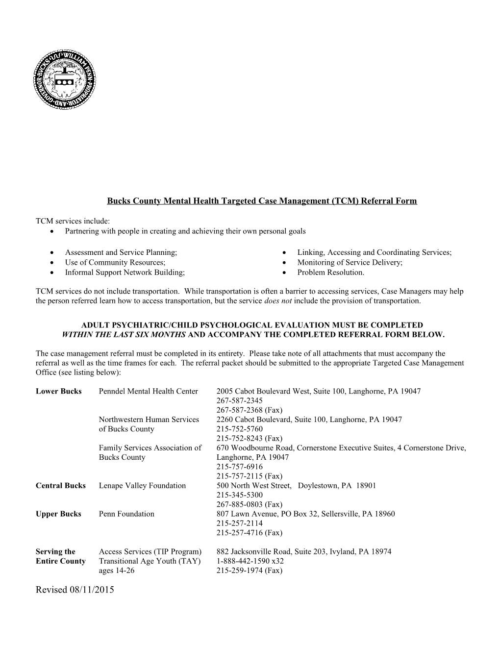 Bucks County Intensive Case Management/Resource Coordination Referral Form