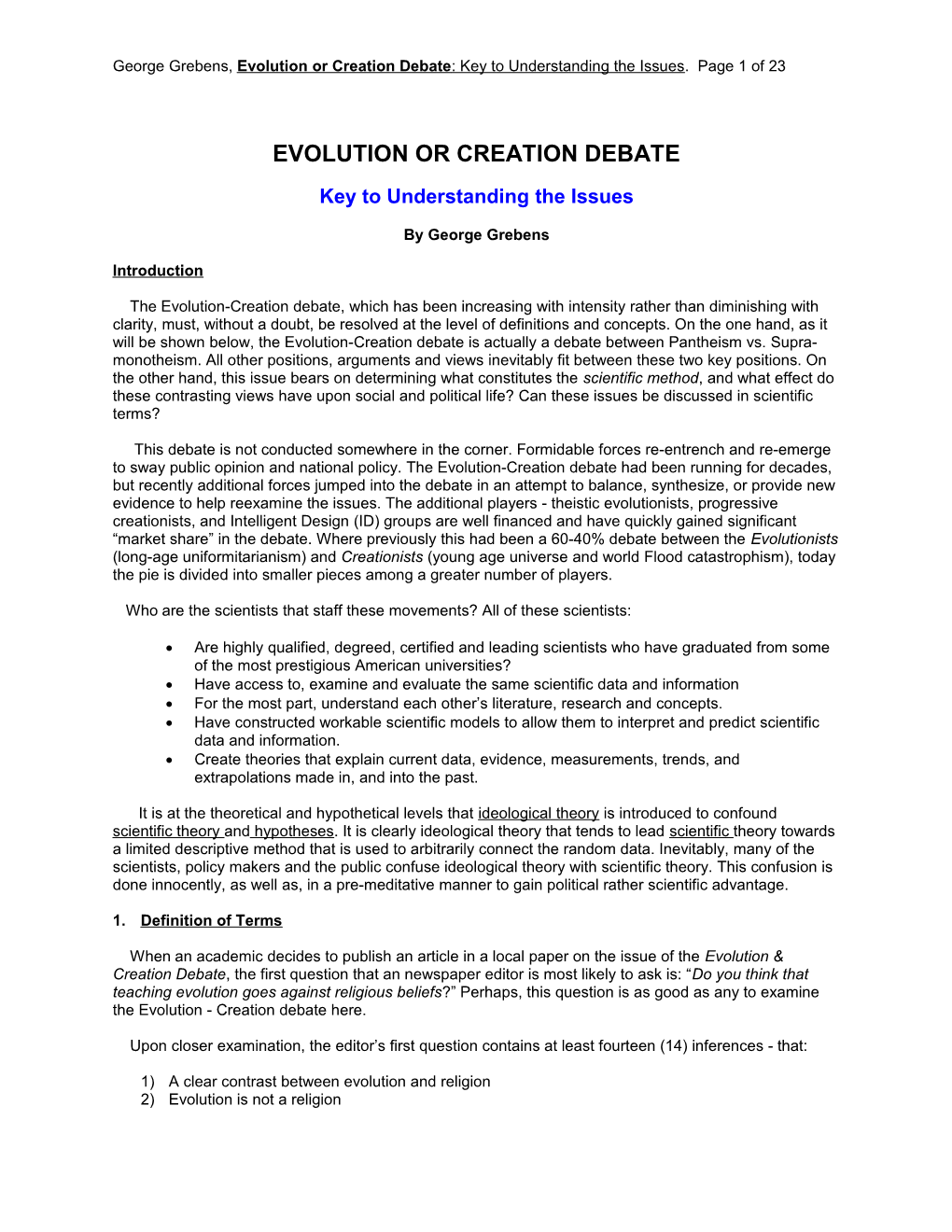 George Grebens, Evolution Or Creation Debate : Key to Understanding the Issues. Page 1 of 23