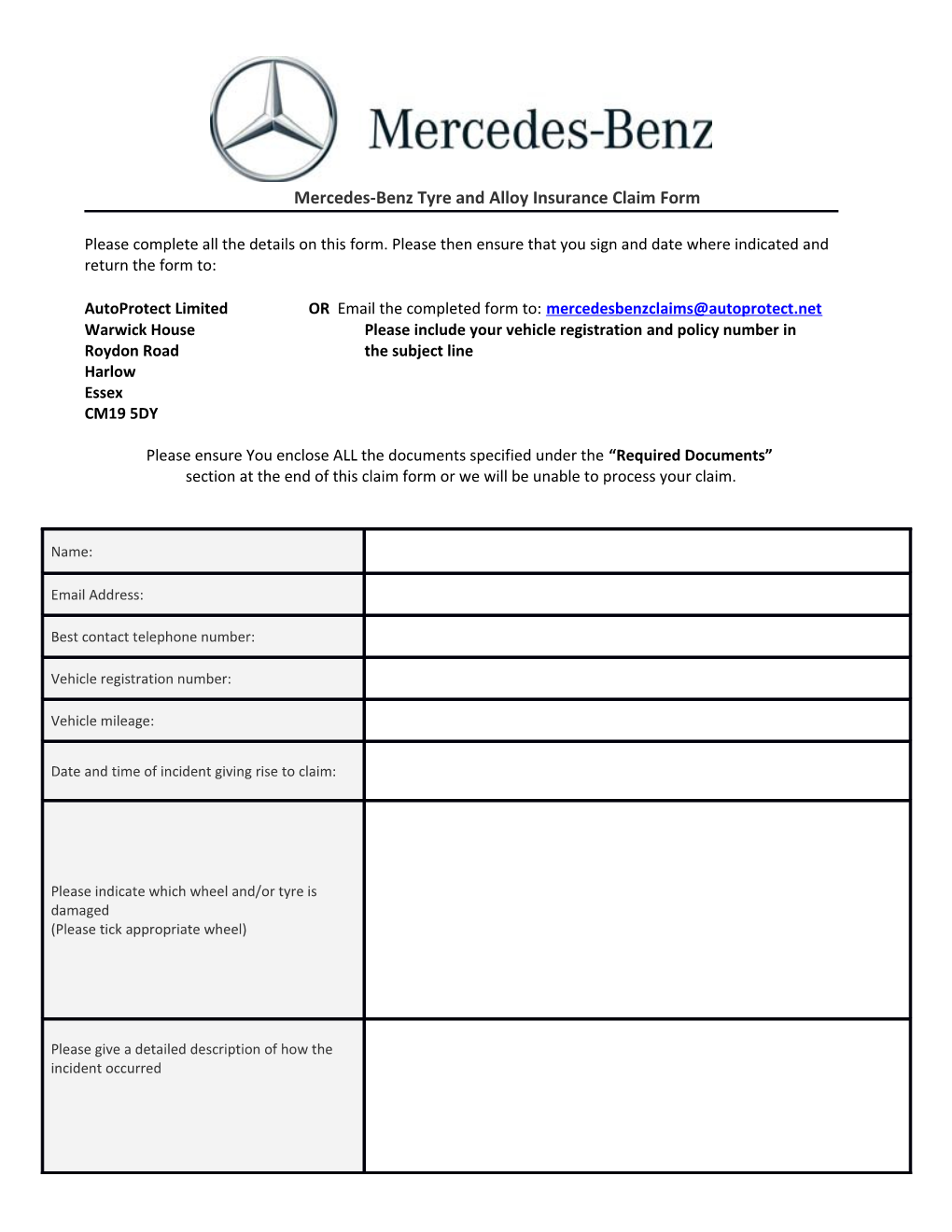 Mercedes-Benz Tyre and Alloy Insuranceclaim Form