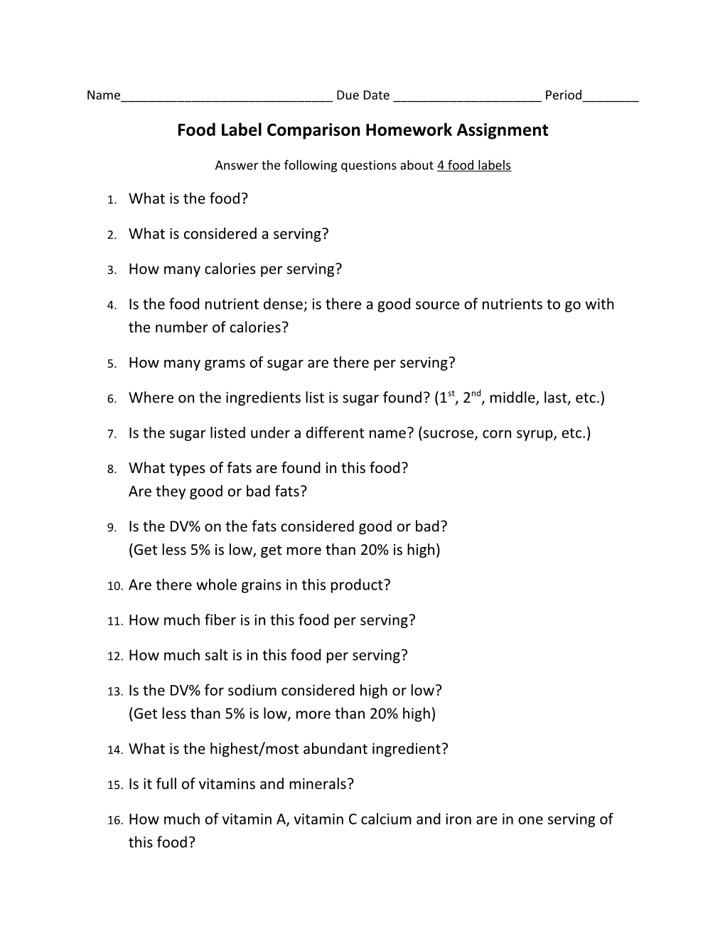 Food Label Comparison Homework Assignment