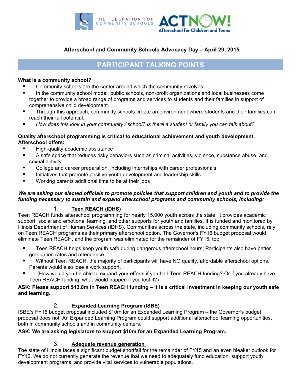Afterschool and Community Schools Advocacy Day April 29, 2015