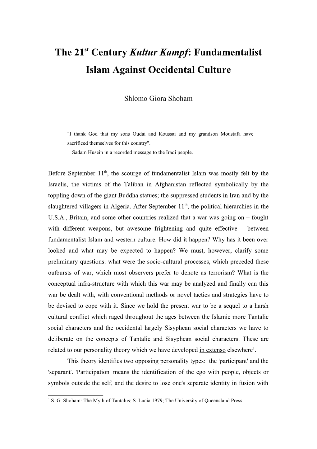 The 21St Century Kultur Kampf: Fundamentalist Islam Against Occidental Culture