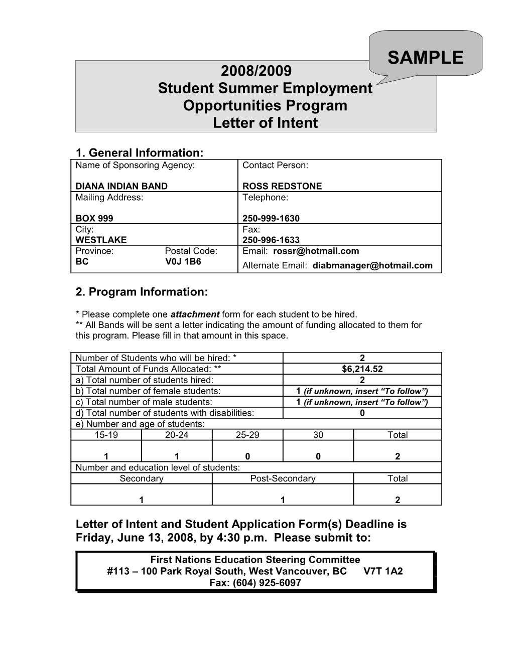 2008/2009Student Summer Employmentopportunities Programletter of Intent