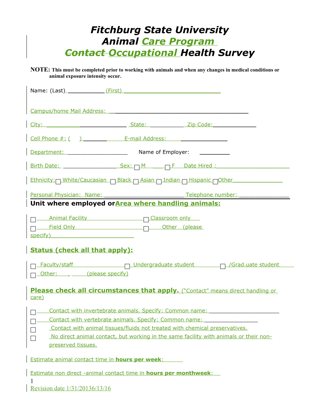 Animal Care Program Occupational Health Questionnaire