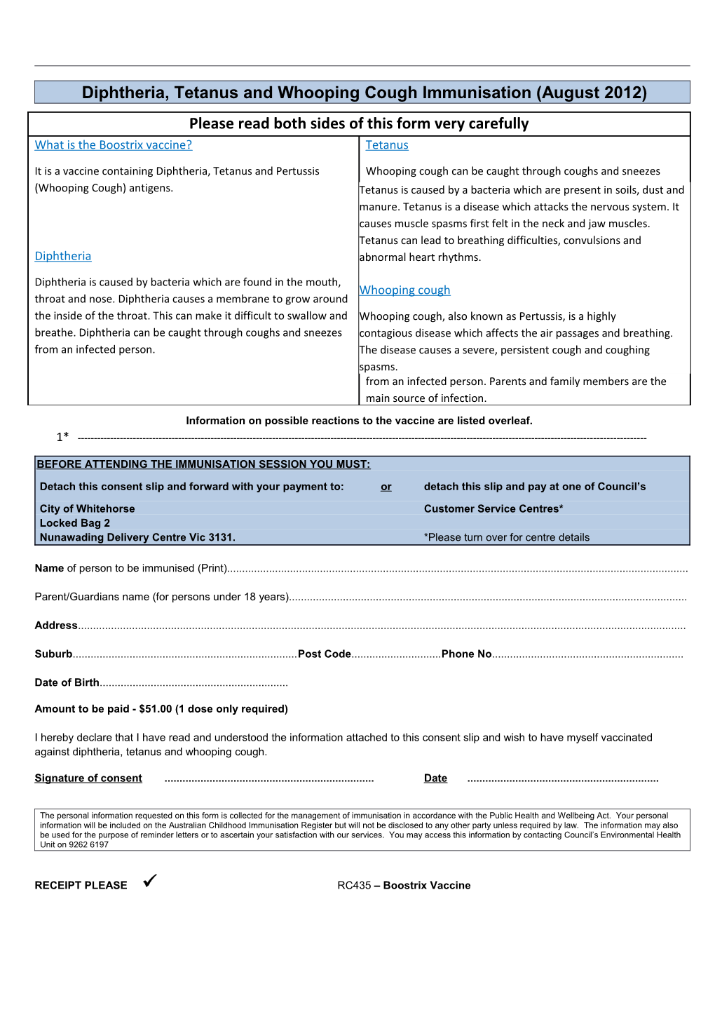 Information on Possible Reactions to the Vaccine Are Listed Overleaf