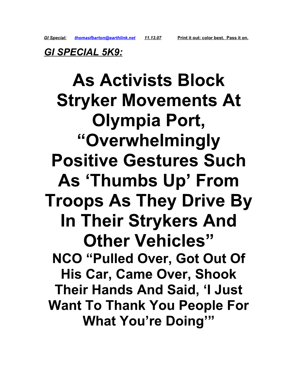 As Activists Block Stryker Movements at Olympia Port, Overwhelmingly Positive Gestures