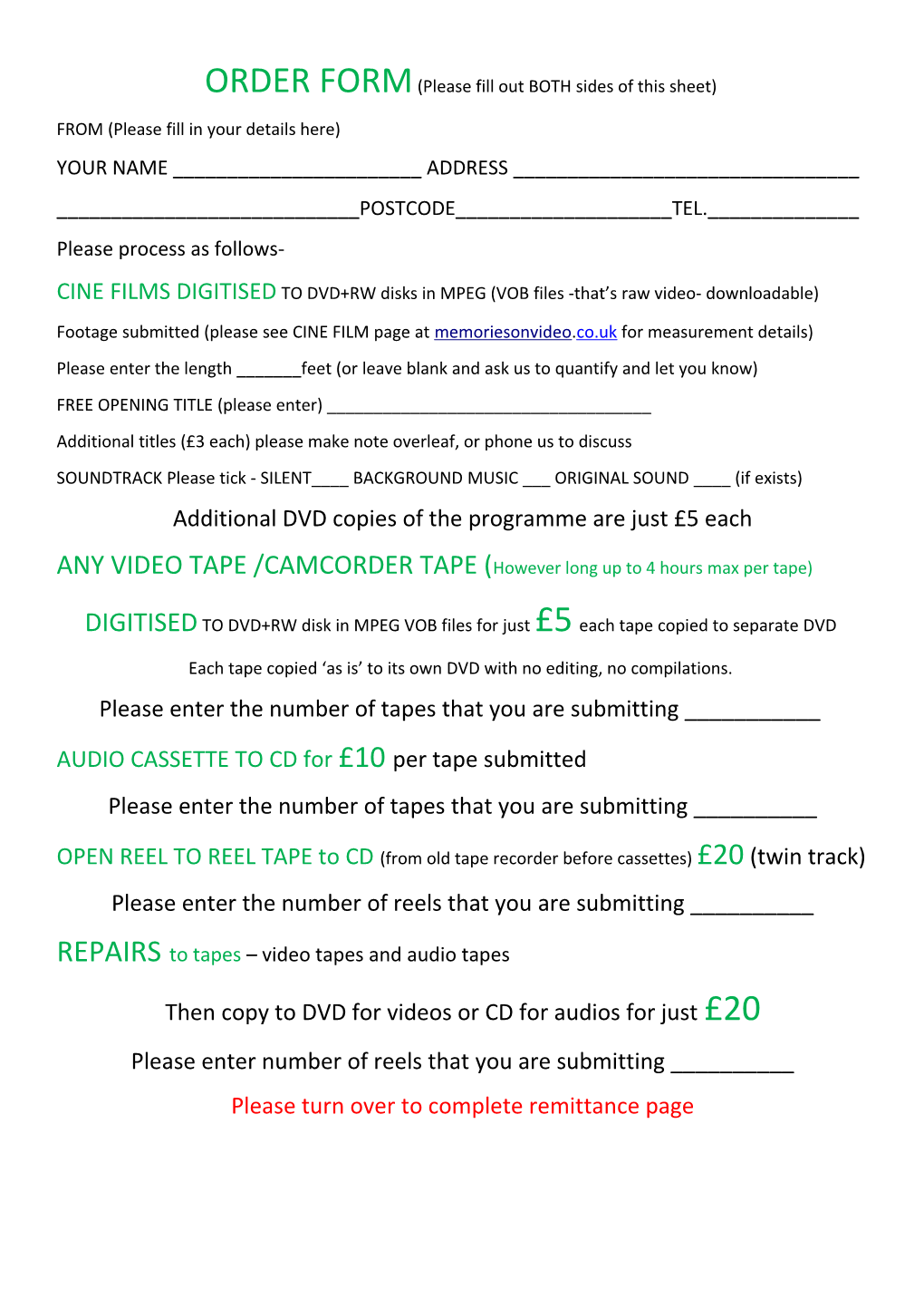 ORDER FORM(Please Fill out BOTH Sides of This Sheet)