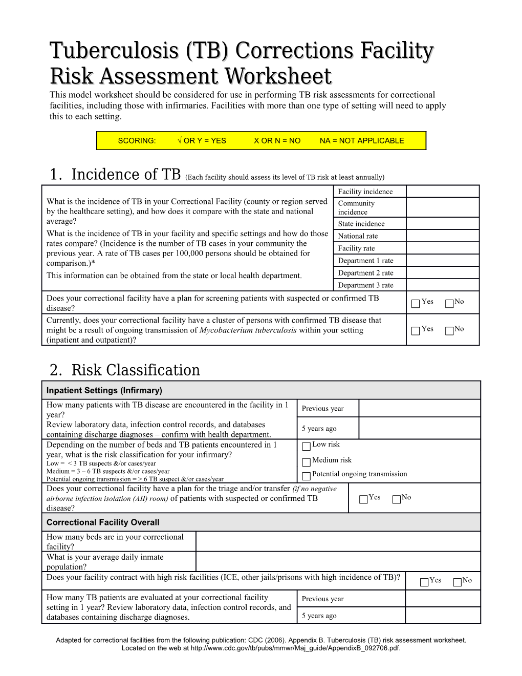 Tuberculosis (TB) Risk Assessment Worksheet