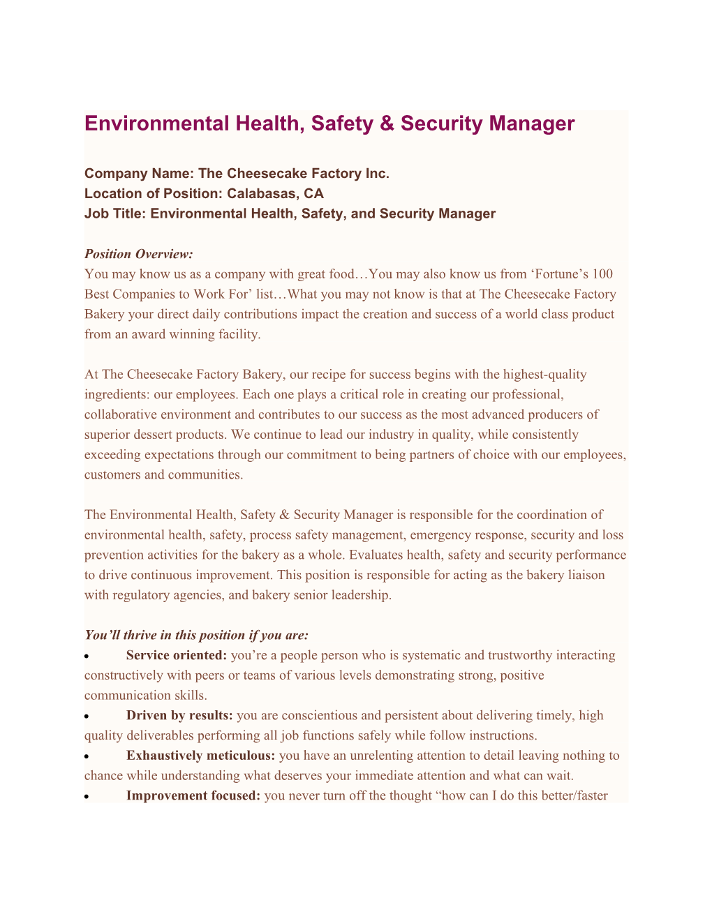 Environmental Health, Safety & Security Manager