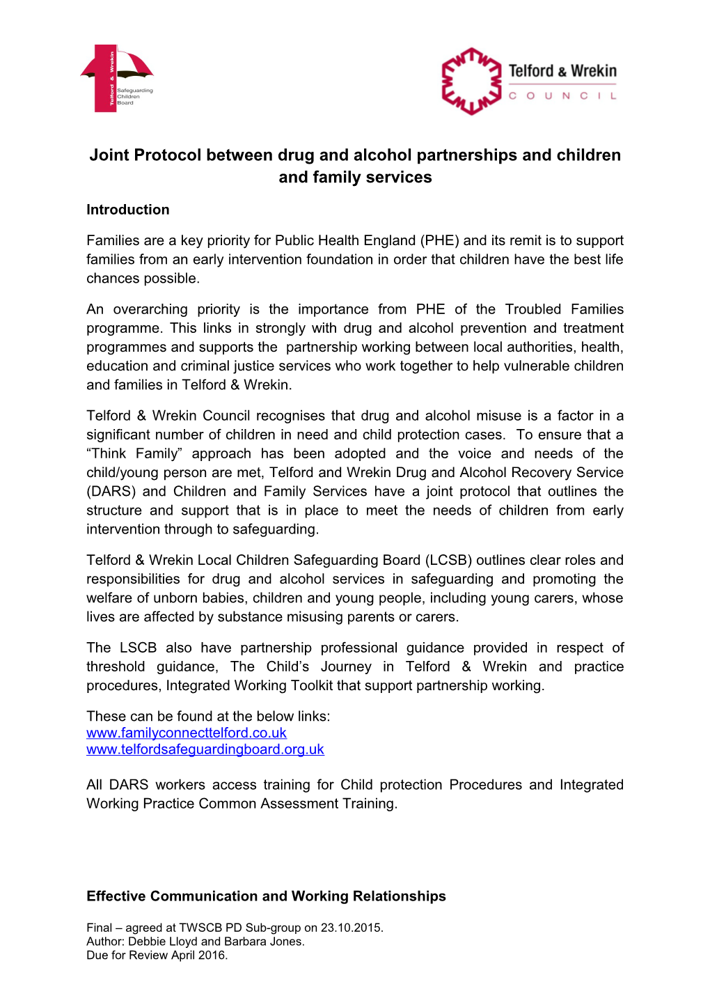 Joint Protocol Between Drug and Alcohol Partnerships and Children and Family Services