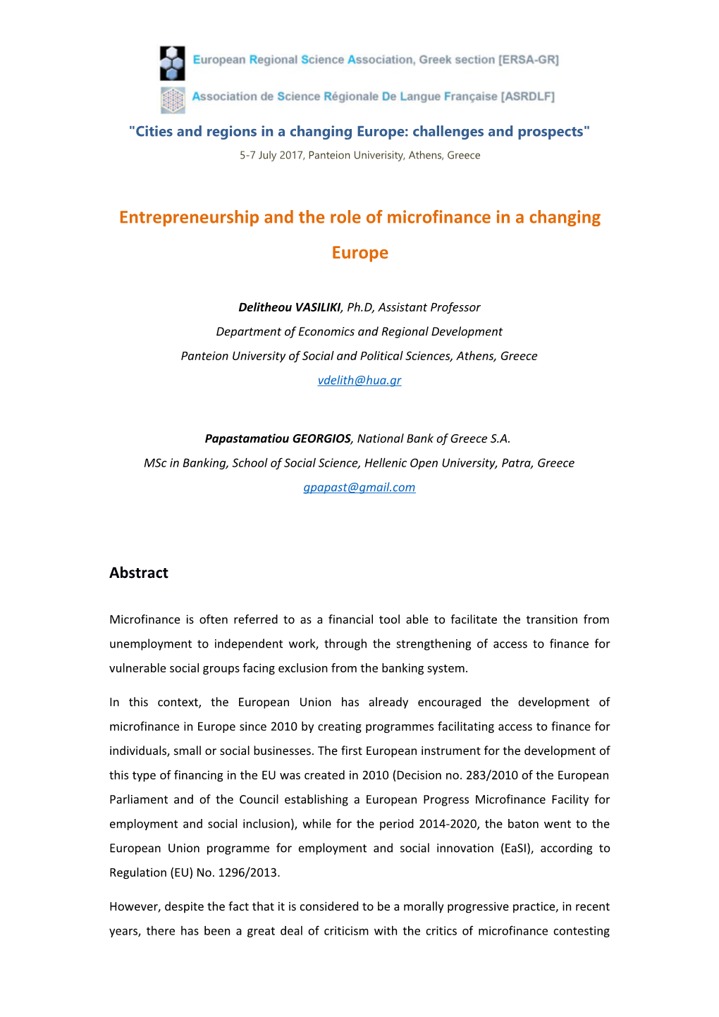 Entrepreneurship and the Role of Microfinance in a Changing Europe