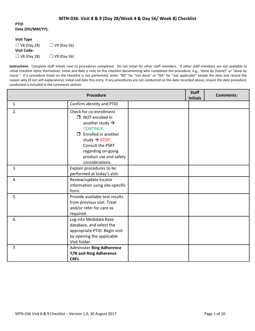 Instructions: Complete Staff Initials Next to Procedures Completed. Do Not Initial For