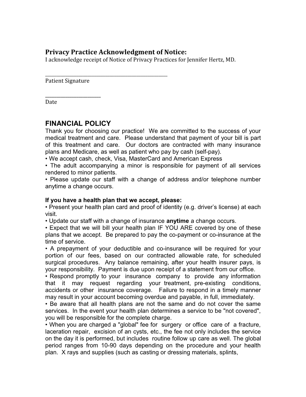 Privacy Practice Acknowledgment of Notice