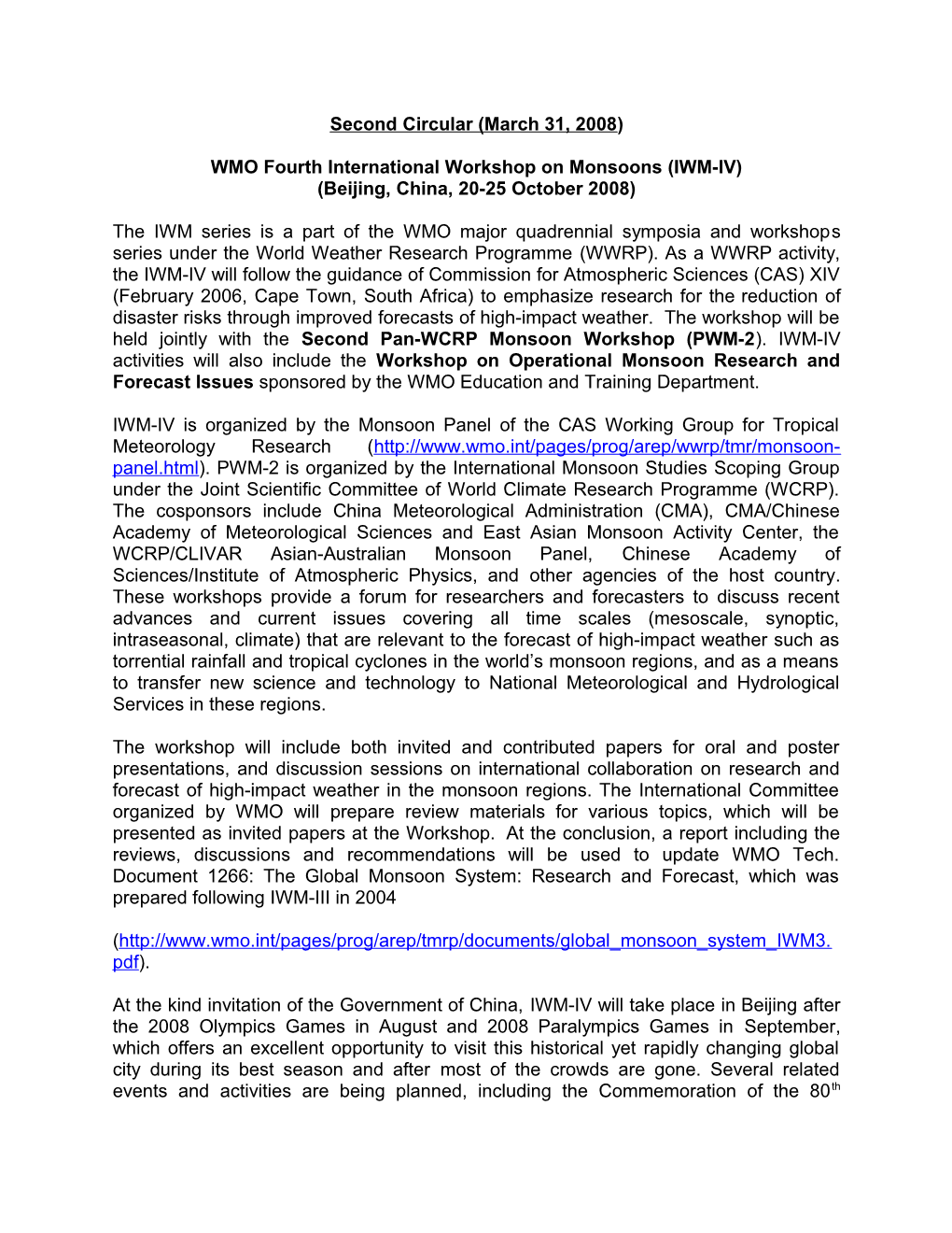 WMO Fourth International Workshop on Monsoons (IWM-IV)