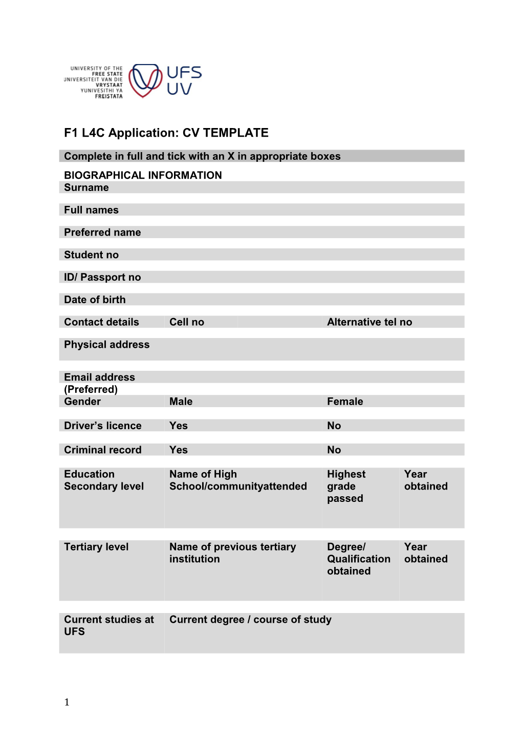 F1 L4C Application: CV TEMPLATE