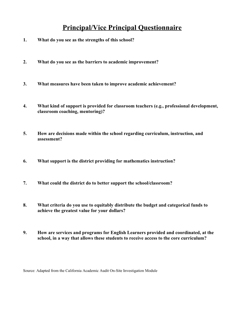 Principal/Vice Principal Questionnaire