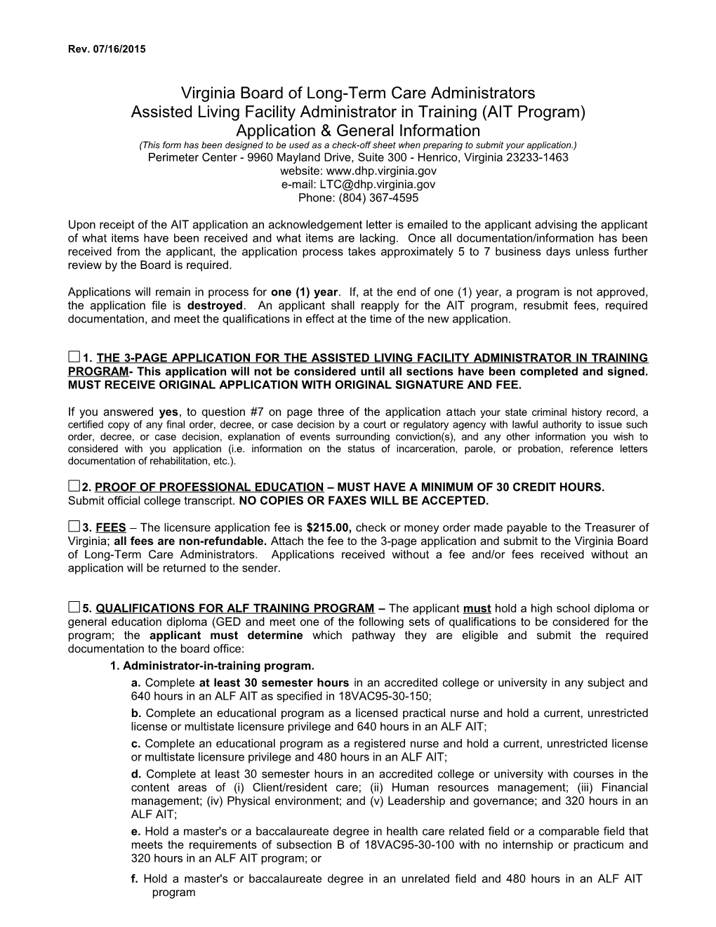 General Information and Instructions Sheet for Application As a Nursing Home Administrator