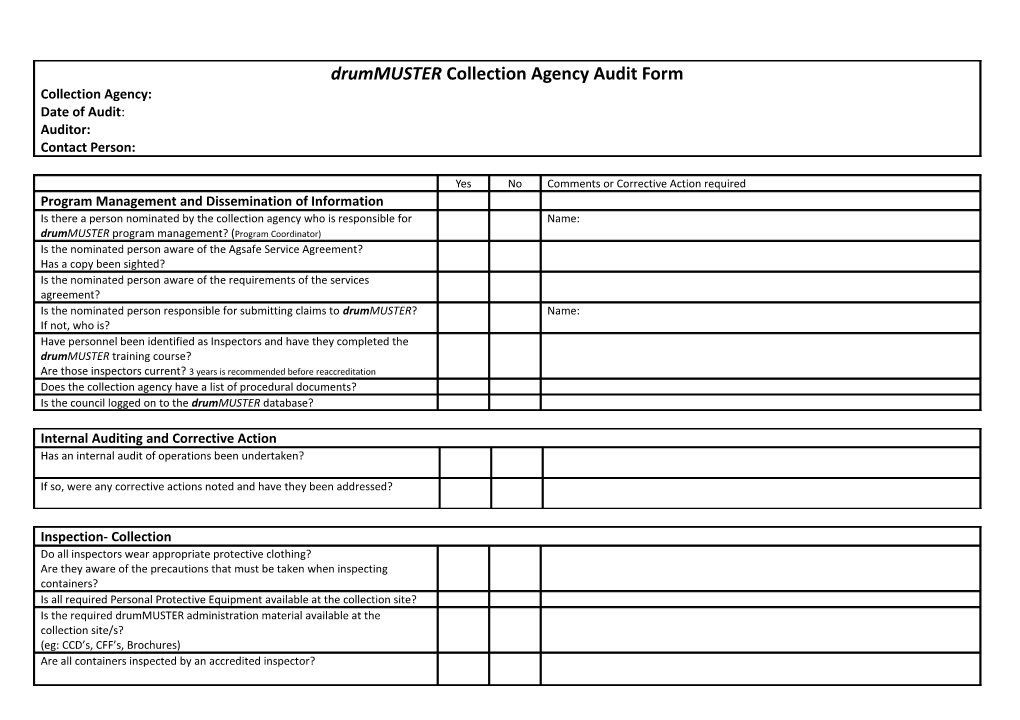 Drummuster Collection Agency Audit Form