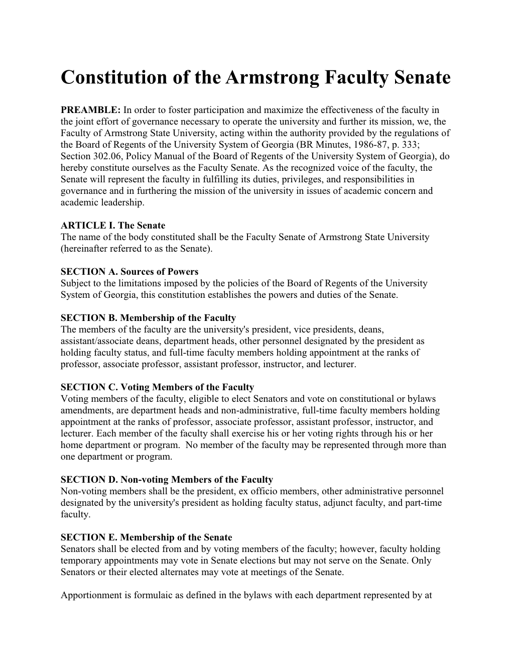 Constitution of the Armstrong Faculty Senate