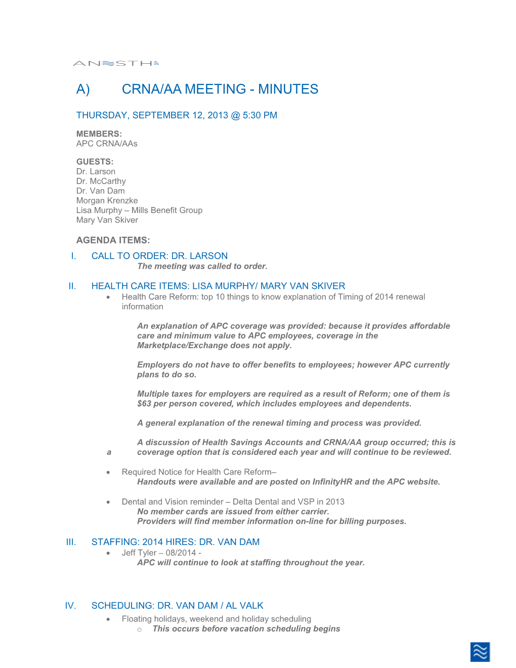 CRNA/AA Meeting - Minutes