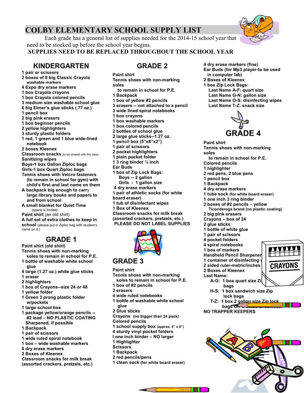 Colby District Elementary School Supply List