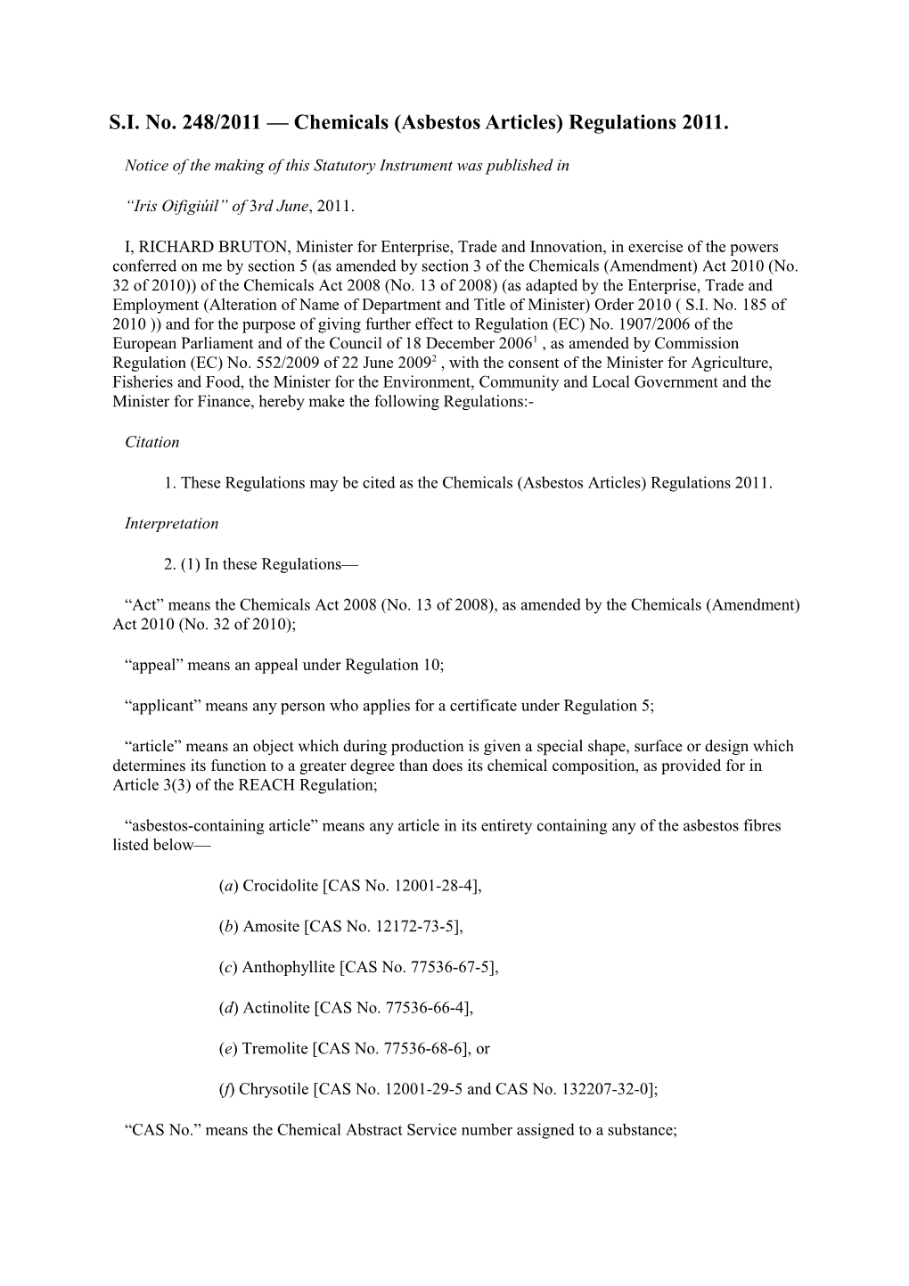 S.I. No. 248/2011 Chemicals (Asbestos Articles) Regulations 2011