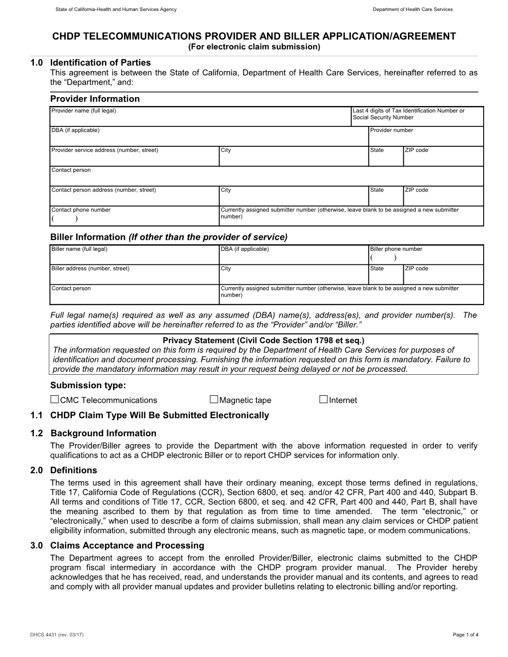 Form: CHDP Telecommunications Provider and Biller Application/Agreement (Cmc Enroll Frm4431)