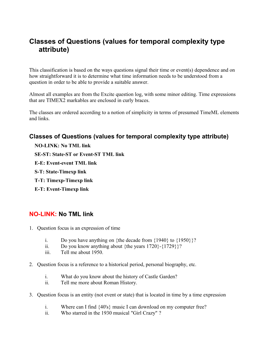 Classes of Questions (Values for Temporal Complexity Type Attribute)