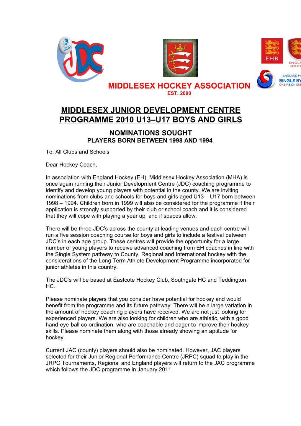 Middlesex Junior Development Centre Programme 2010 U13 U17 Boys and Girls