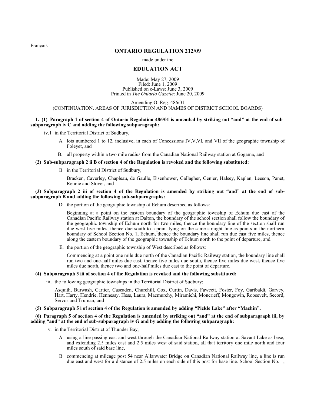 EDUCATION ACT - O. Reg. 212/09