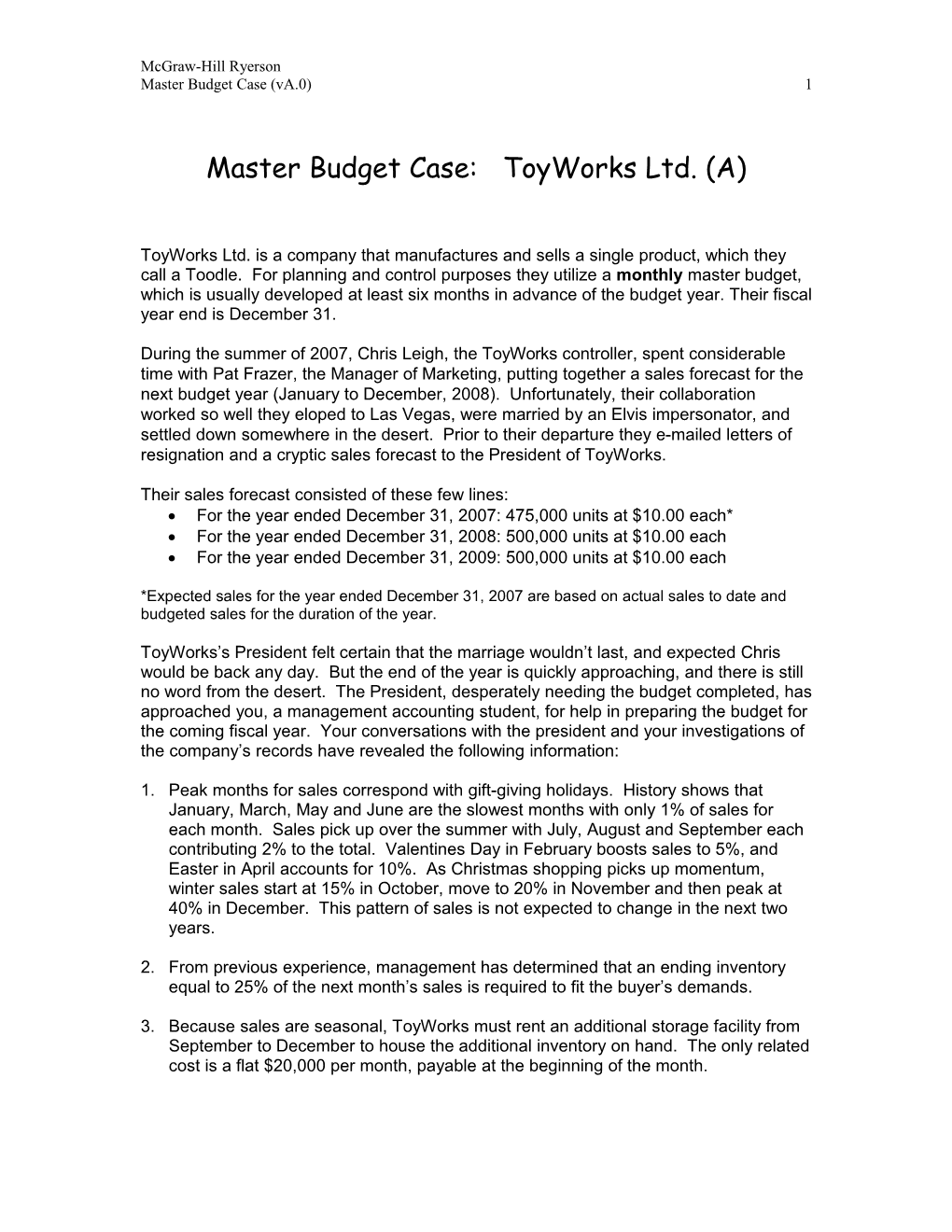 Master Budget Case: Toyworks Ltd.(A)