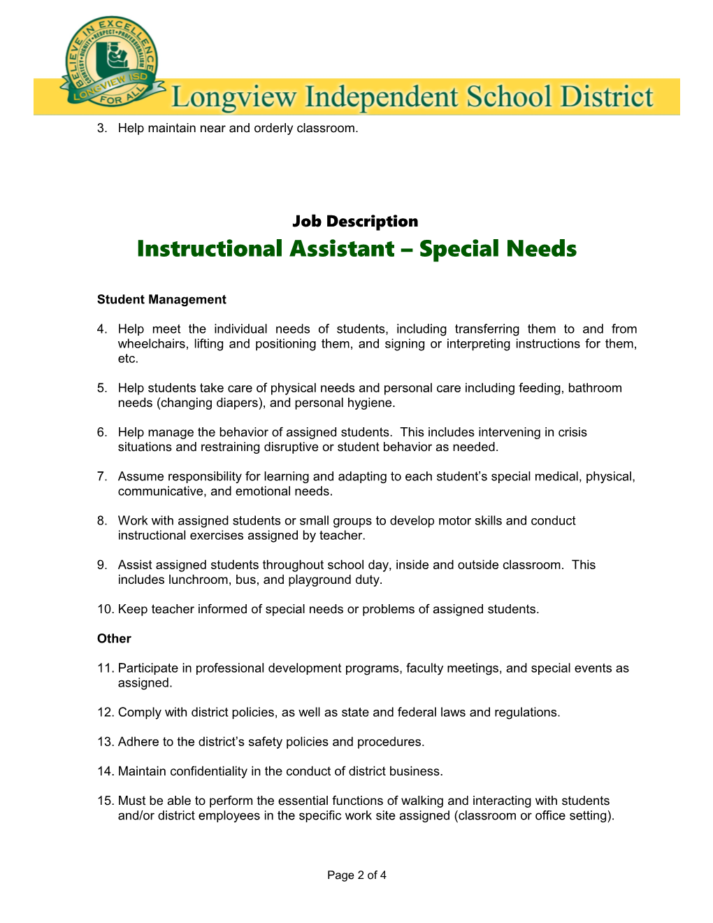 Instructional Assistant Special Needs
