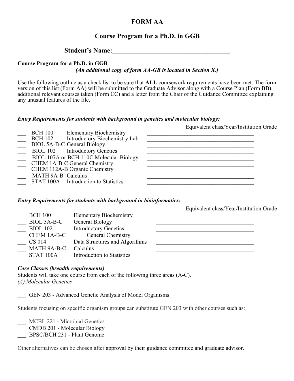 Course Program for a Ph.D. in GGB