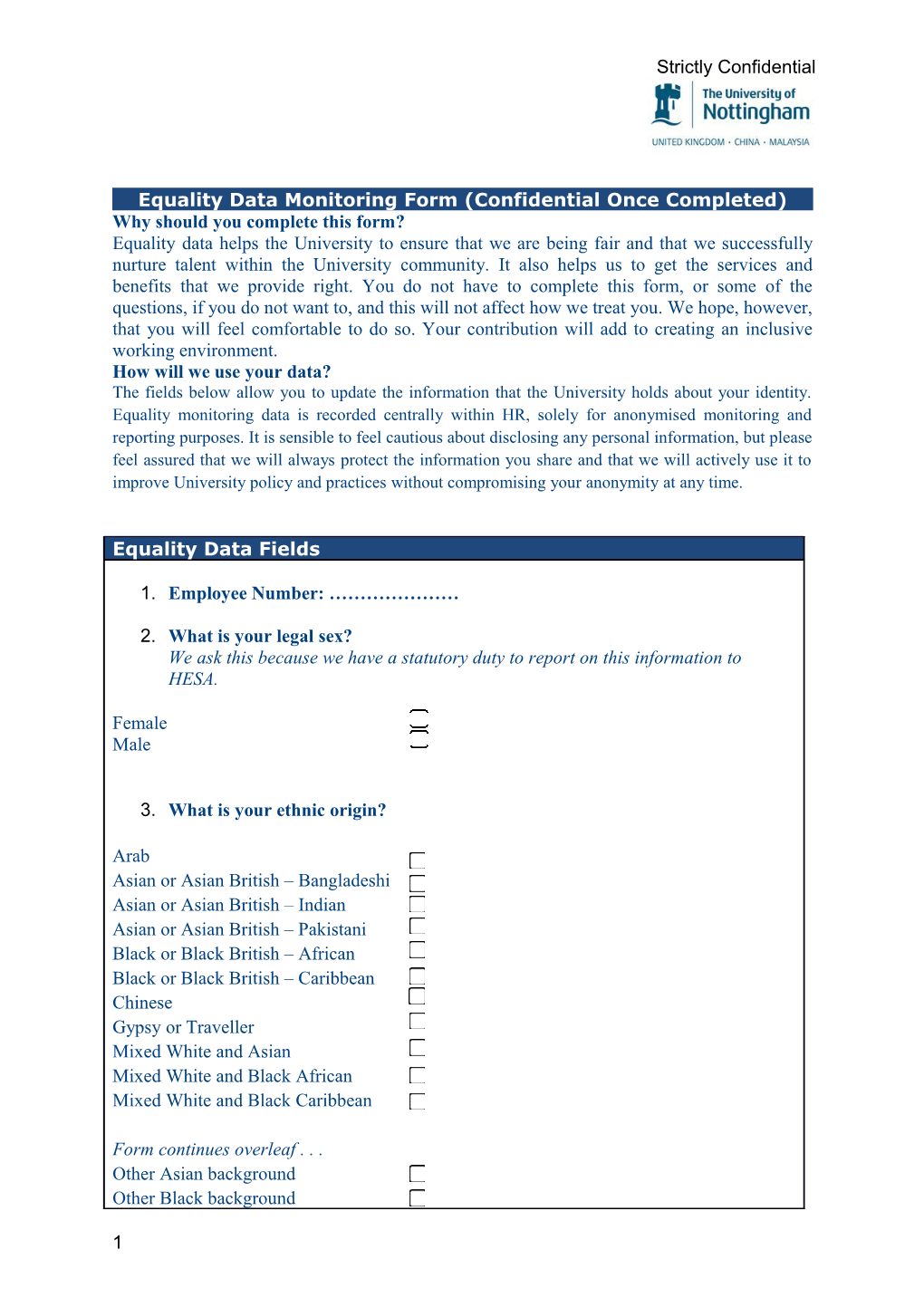 Equality Data Monitoring Form (Confidential Once Completed)