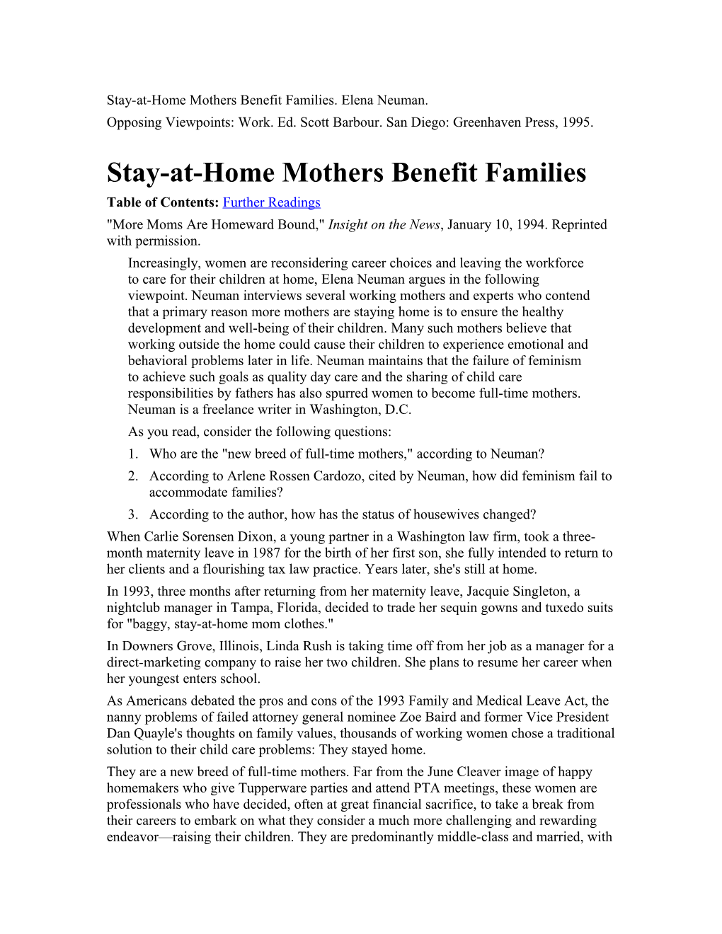 Stay-At-Home Mothers Benefit Families