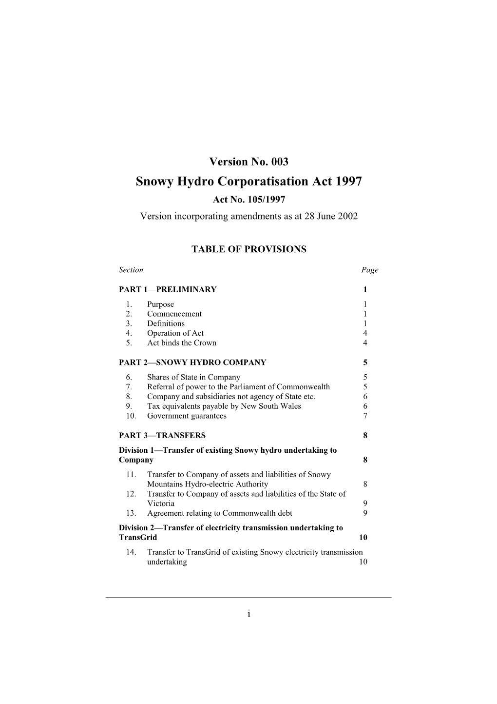 Snowy Hydro Corporatisation Act 1997