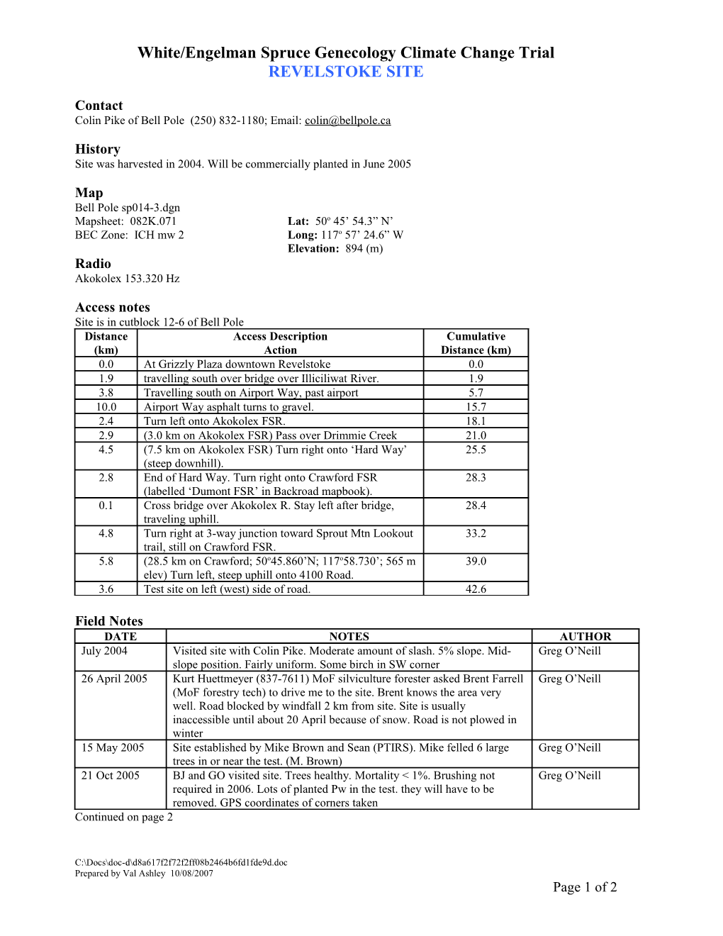 Access Notes to Revelstoke Field Test Site (Crawford Creek)