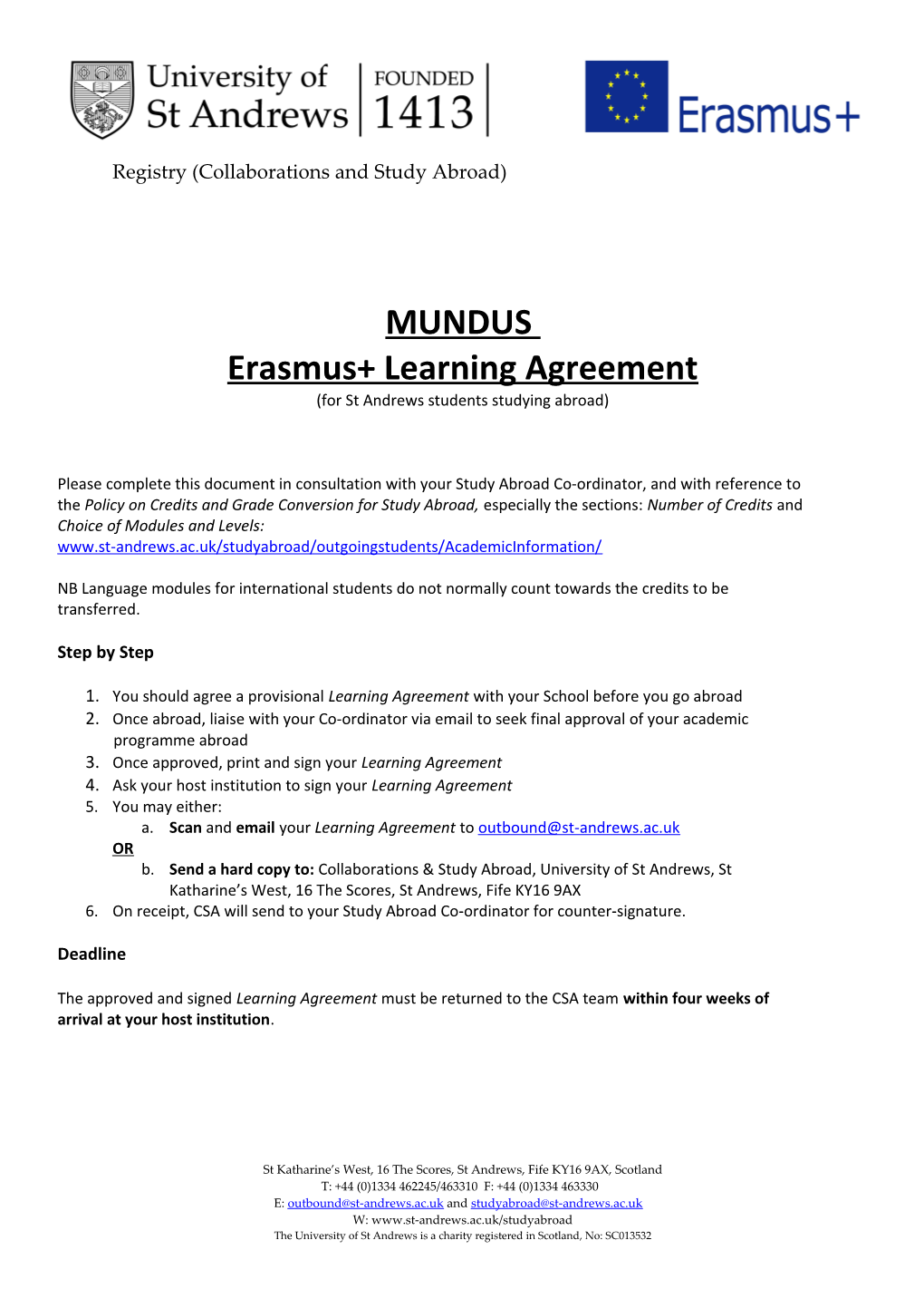 University of St Andrews Erasmus+ Learning Agreement