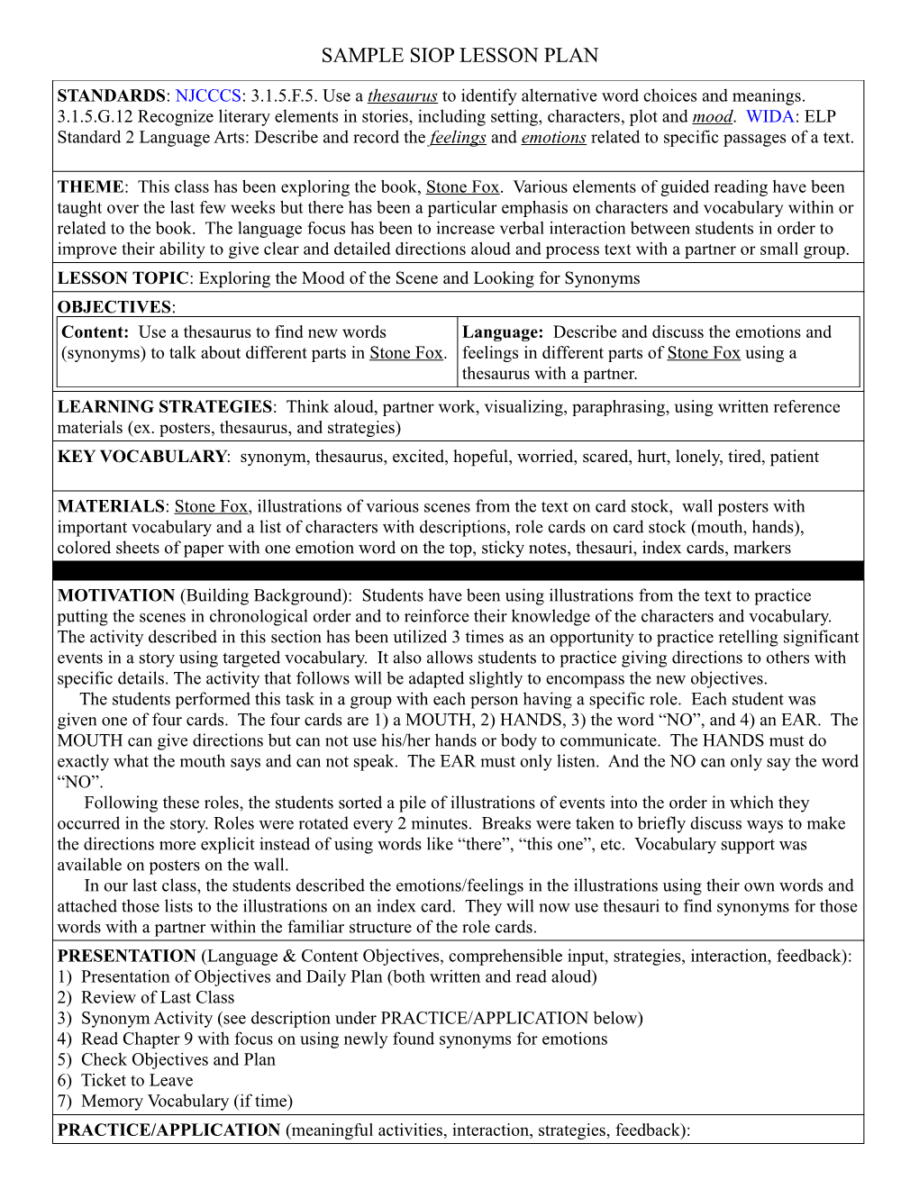 Sample Siop Lesson Plan