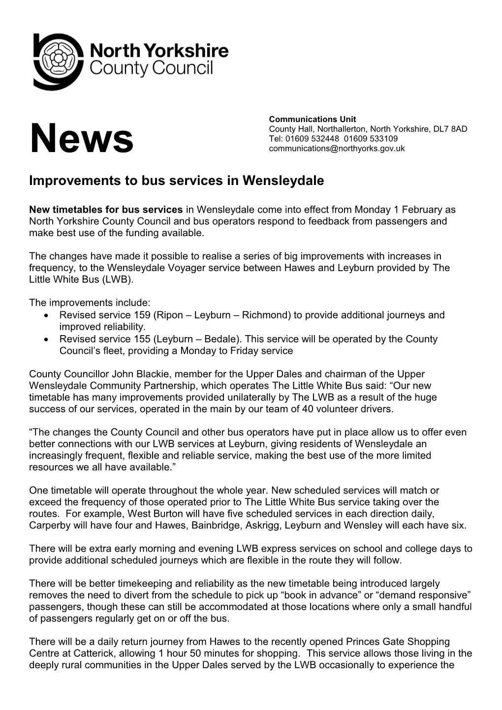 Improvements to Bus Services in Wensleydale