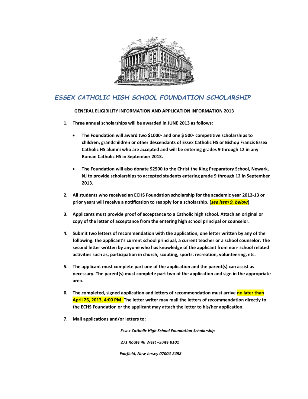 Essex Catholic High School Foundation Scholarship