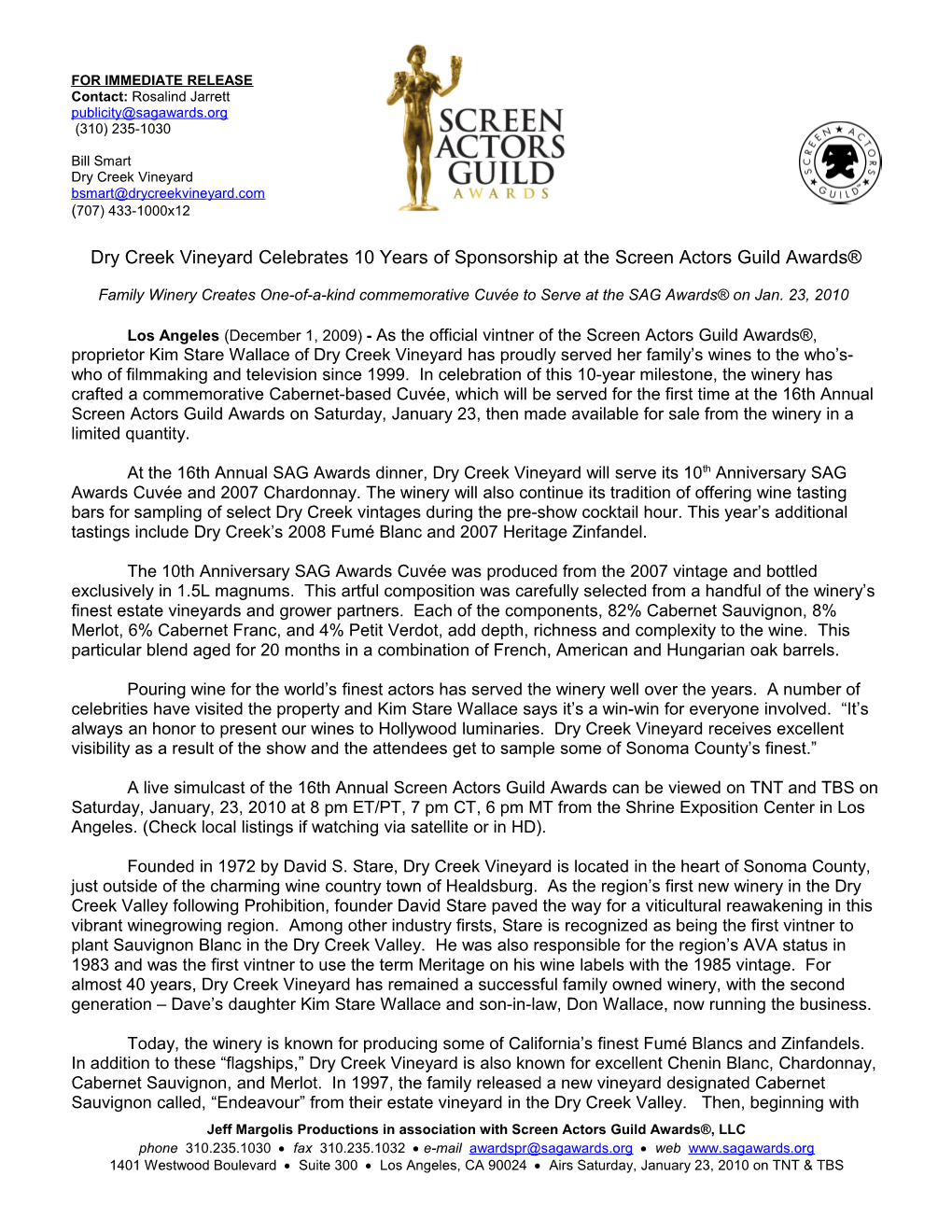 Dry Creek Vineyard Celebrates 10 Years of Sponsorship at the Screen Actors Guild Awards - 1
